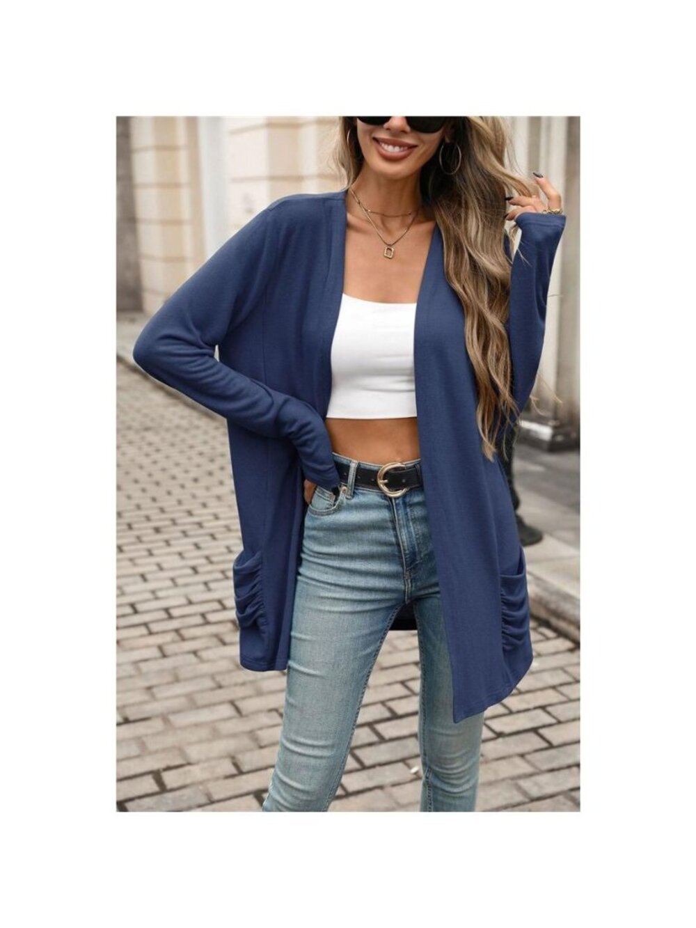 Ruched Pocket Open Front Cardigan